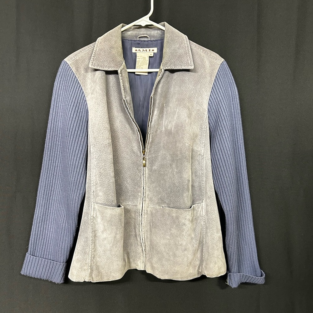 Ami Women's 100% Genuine Leather Gray and Blue ribbed Blazer